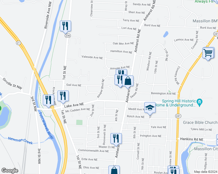 map of restaurants, bars, coffee shops, grocery stores, and more near 1560 Keuper Boulevard Northeast in Massillon