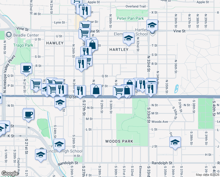 map of restaurants, bars, coffee shops, grocery stores, and more near 2956 P Street in Lincoln