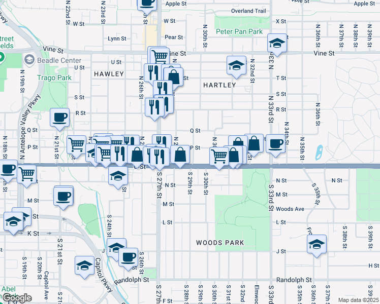 map of restaurants, bars, coffee shops, grocery stores, and more near 2850 P Street in Lincoln