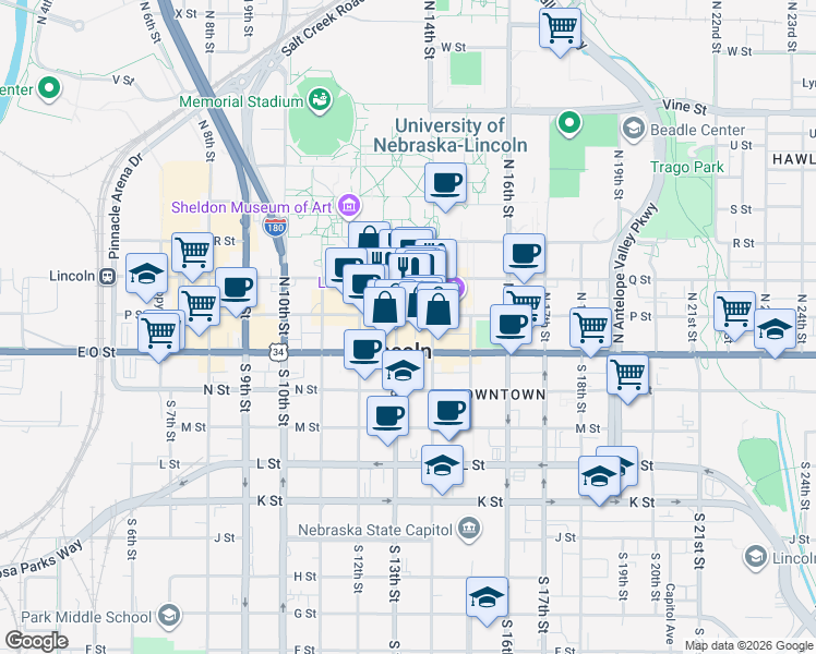 map of restaurants, bars, coffee shops, grocery stores, and more near 101 North 14th Street in Lincoln