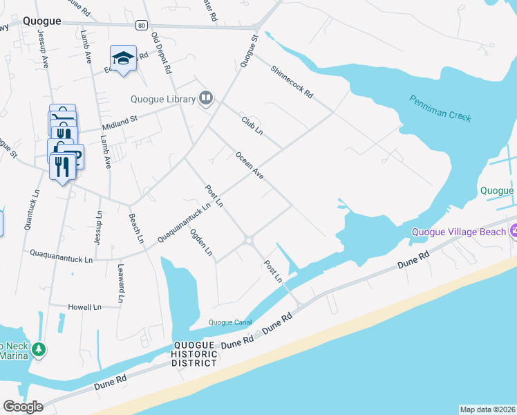 map of restaurants, bars, coffee shops, grocery stores, and more near 23 Ocean Avenue in Hampton Bays