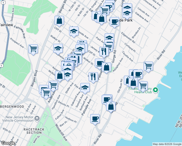 map of restaurants, bars, coffee shops, grocery stores, and more near 281 John Street in Cliffside Park