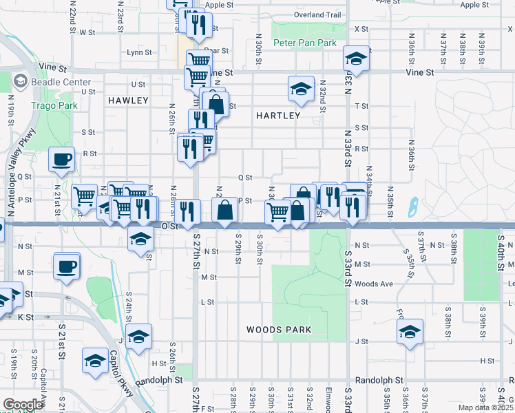 map of restaurants, bars, coffee shops, grocery stores, and more near 2956 P Street in Lincoln