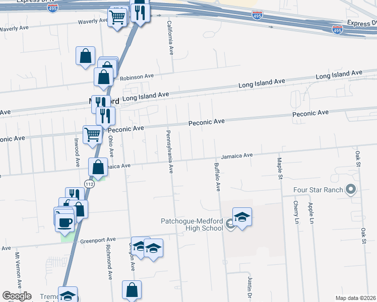 map of restaurants, bars, coffee shops, grocery stores, and more near 6 Nevada Avenue in Medford