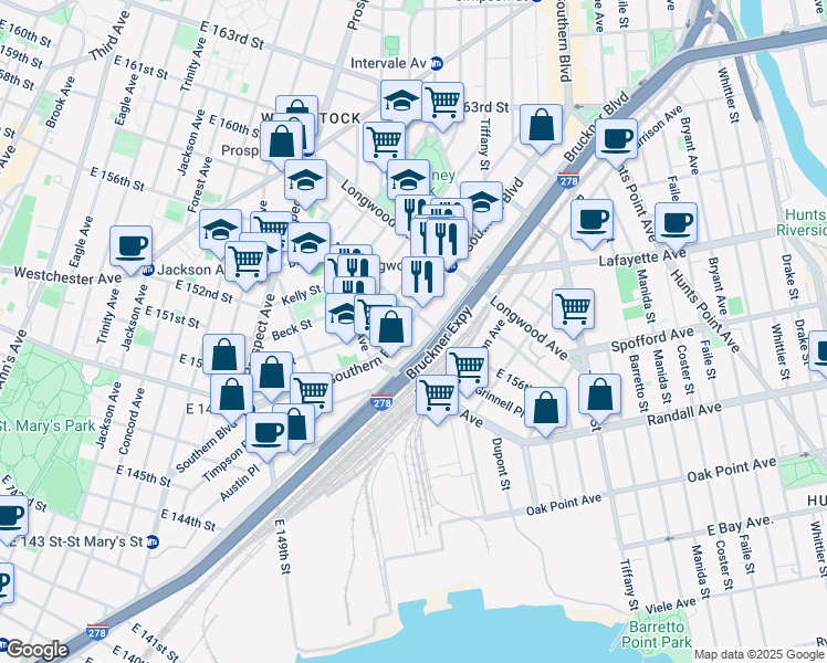 map of restaurants, bars, coffee shops, grocery stores, and more near 762 Southern Boulevard in The Bronx