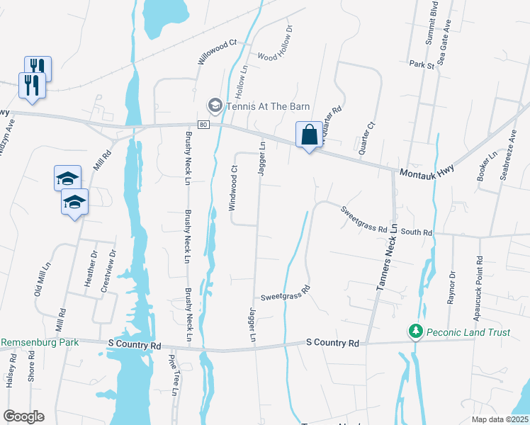 map of restaurants, bars, coffee shops, grocery stores, and more near 74 Jagger Lane in Westhampton