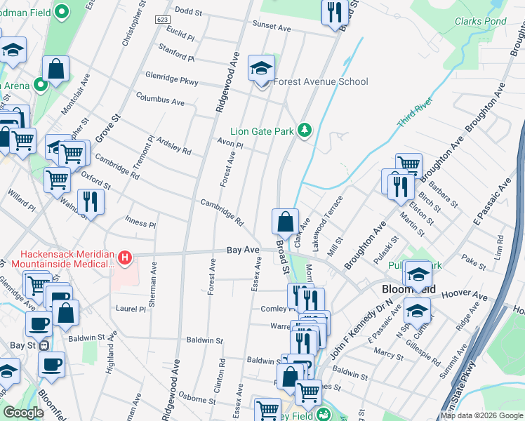 map of restaurants, bars, coffee shops, grocery stores, and more near 292 Essex Avenue in Bloomfield