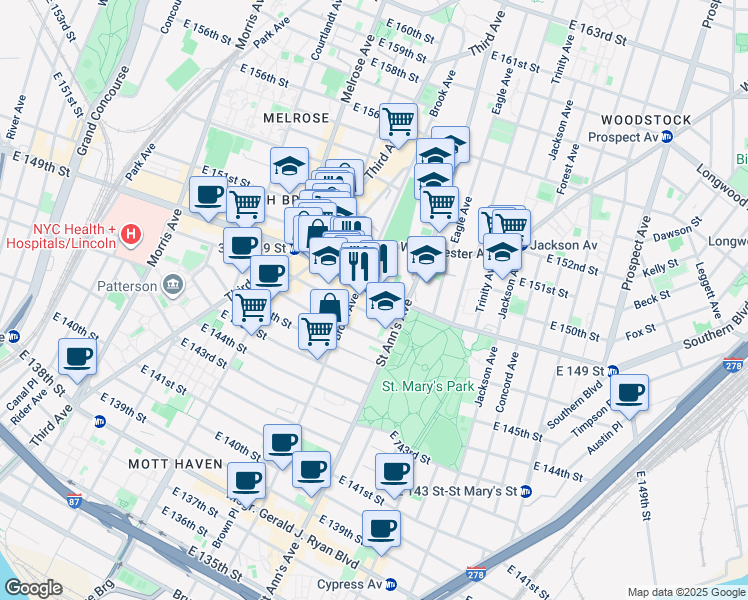 map of restaurants, bars, coffee shops, grocery stores, and more near 501 East 149th Street in Bronx