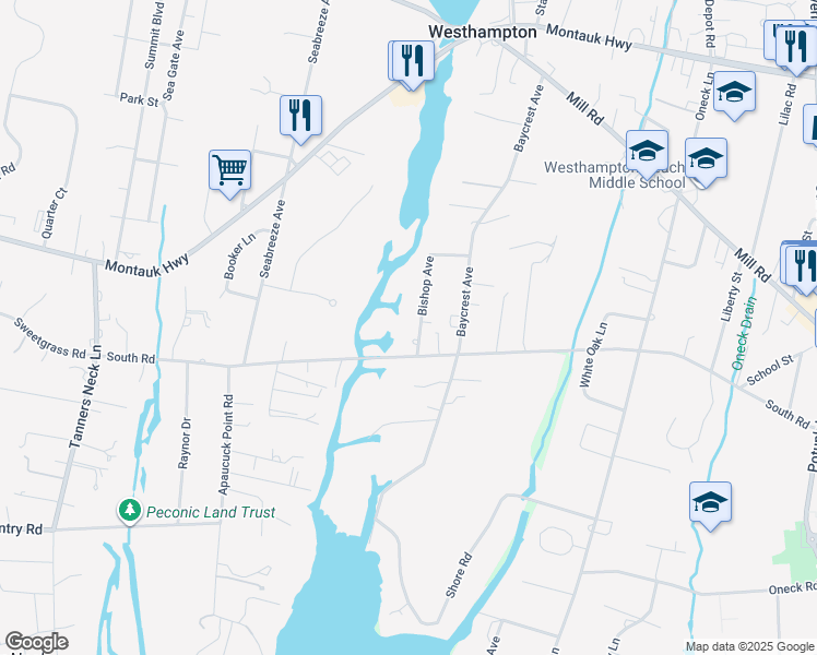 map of restaurants, bars, coffee shops, grocery stores, and more near 7 Bishop Avenue in Westhampton