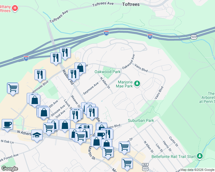 map of restaurants, bars, coffee shops, grocery stores, and more near 139 E Clearview Ave in State College
