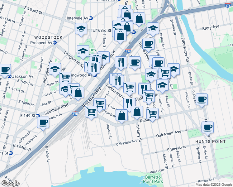 map of restaurants, bars, coffee shops, grocery stores, and more near 1124 Burnett Place in Bronx