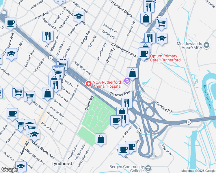 map of restaurants, bars, coffee shops, grocery stores, and more near 115 Van Riper Avenue in Rutherford