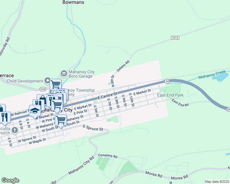 map of restaurants, bars, coffee shops, grocery stores, and more near 809 East Centre Street in Mahanoy City