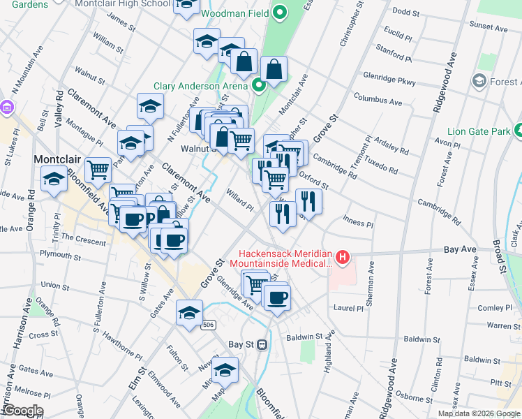 map of restaurants, bars, coffee shops, grocery stores, and more near 103 Grove St in Montclair