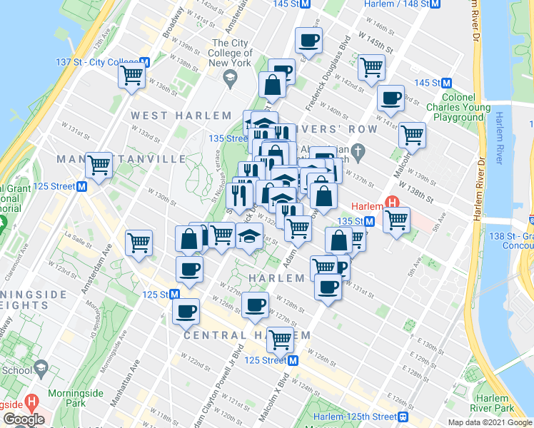 map of restaurants, bars, coffee shops, grocery stores, and more near 271 West 132nd Street in New York
