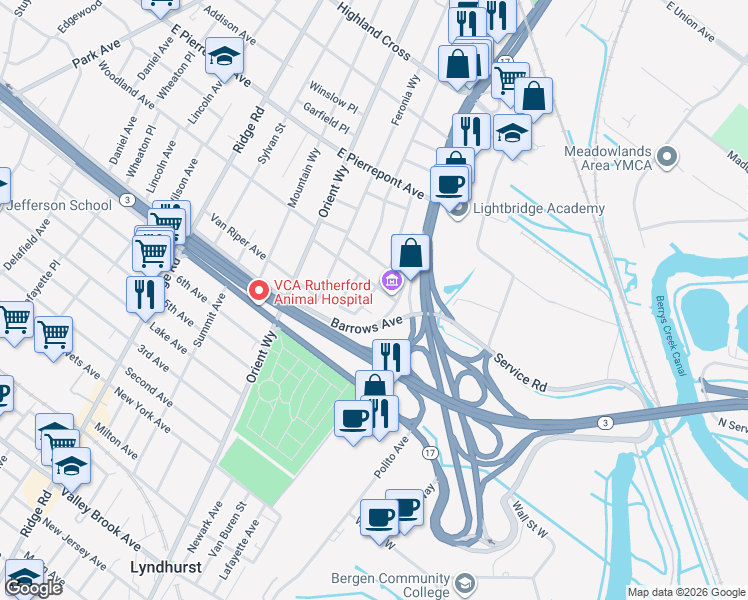 map of restaurants, bars, coffee shops, grocery stores, and more near 89 Elycroft Parkway in Rutherford