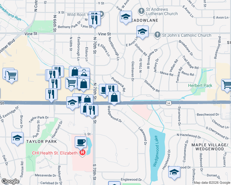 map of restaurants, bars, coffee shops, grocery stores, and more near 308 West Rio Road in Lincoln