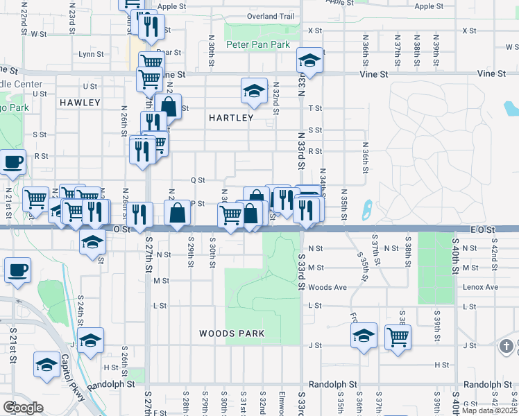 map of restaurants, bars, coffee shops, grocery stores, and more near 3127 P Street in Lincoln