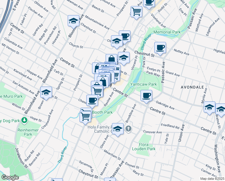 map of restaurants, bars, coffee shops, grocery stores, and more near 376 Centre Street in Nutley