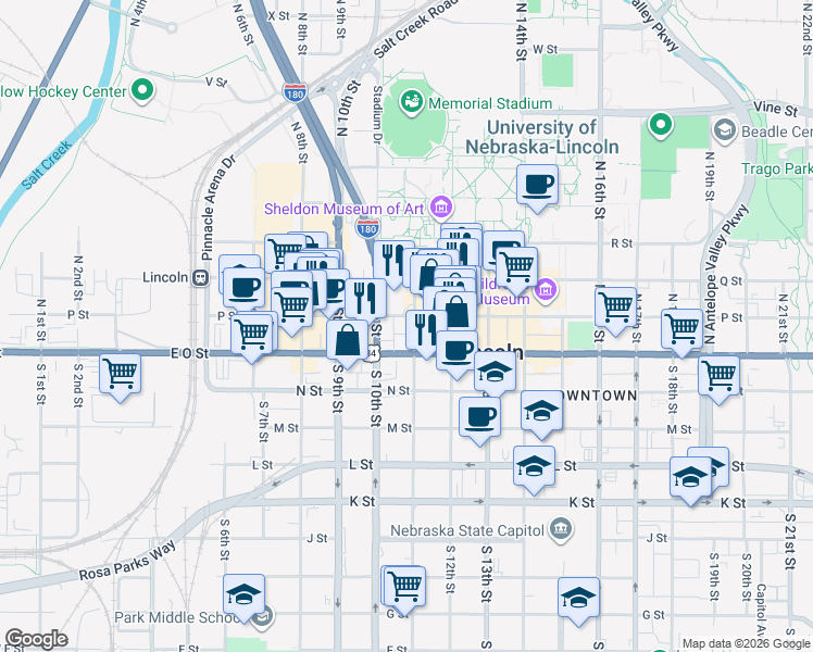 map of restaurants, bars, coffee shops, grocery stores, and more near 139 North 11th Street in Lincoln