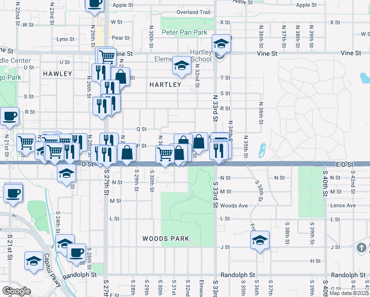 map of restaurants, bars, coffee shops, grocery stores, and more near 3125 P Street in Lincoln