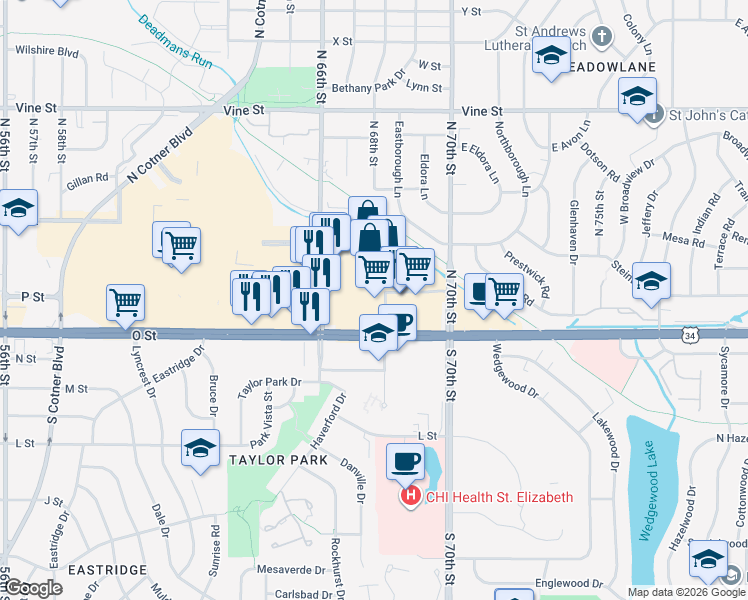 map of restaurants, bars, coffee shops, grocery stores, and more near 6801 P Street in Lincoln