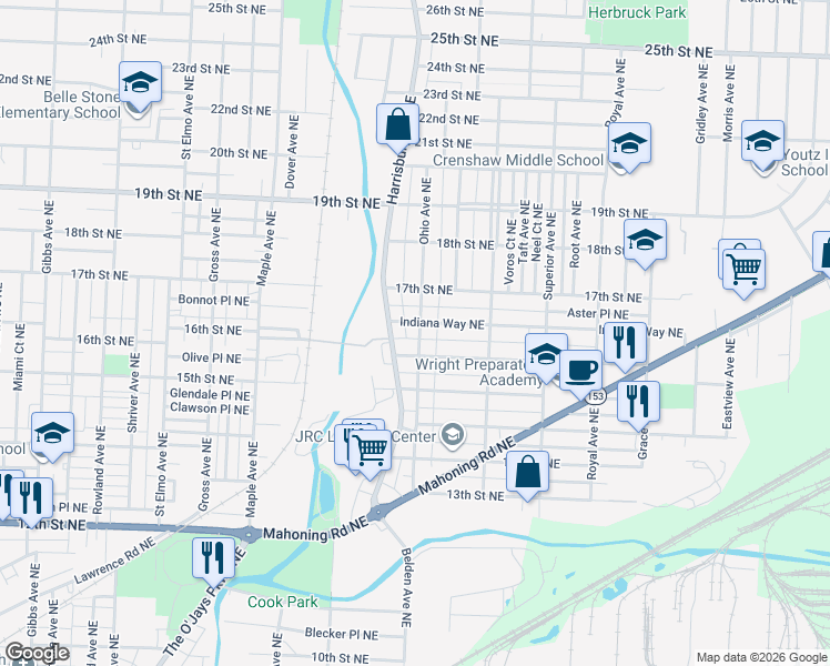 map of restaurants, bars, coffee shops, grocery stores, and more near 1621 Ohio Avenue Northeast in Canton