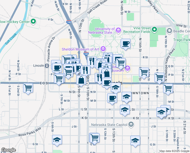 map of restaurants, bars, coffee shops, grocery stores, and more near 1040 P Street in Lincoln