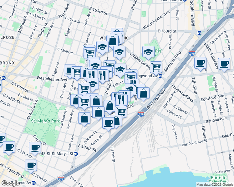 map of restaurants, bars, coffee shops, grocery stores, and more near Beck Street & Avenue Saint John in Bronx