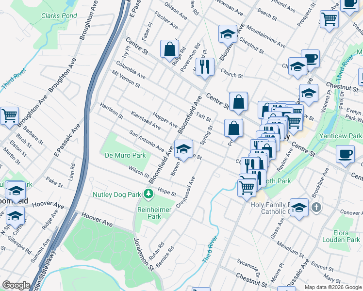 map of restaurants, bars, coffee shops, grocery stores, and more near 26 De Vausney Place in Nutley