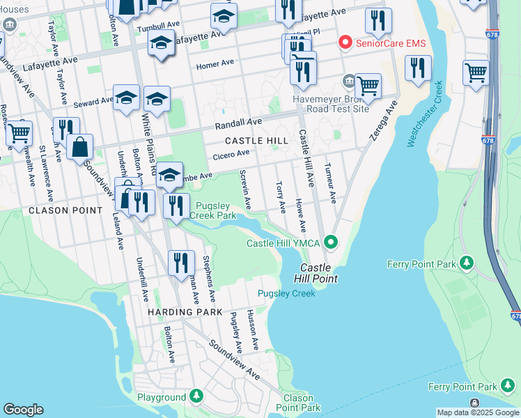 map of restaurants, bars, coffee shops, grocery stores, and more near 418 Screvin Avenue in Bronx