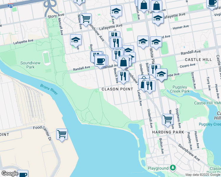 map of restaurants, bars, coffee shops, grocery stores, and more near 1785 Lacombe Avenue in Bronx