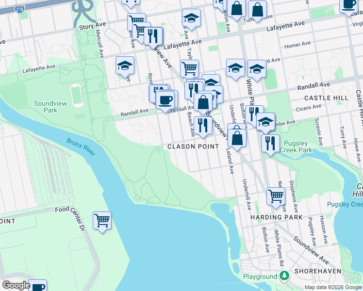 map of restaurants, bars, coffee shops, grocery stores, and more near 1785 Lacombe Avenue in The Bronx