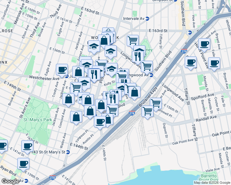 map of restaurants, bars, coffee shops, grocery stores, and more near in The Bronx