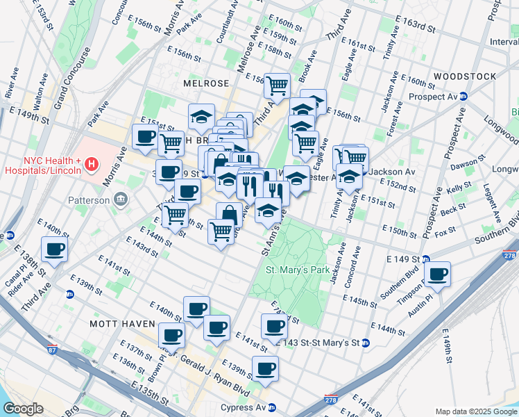 map of restaurants, bars, coffee shops, grocery stores, and more near 501 East 149th Street in Bronx