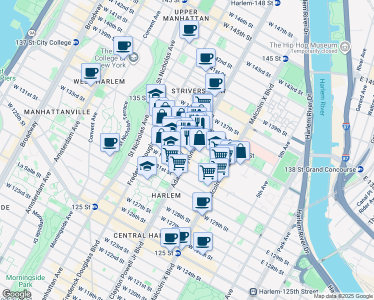 map of restaurants, bars, coffee shops, grocery stores, and more near 188 West 135th Street in New York