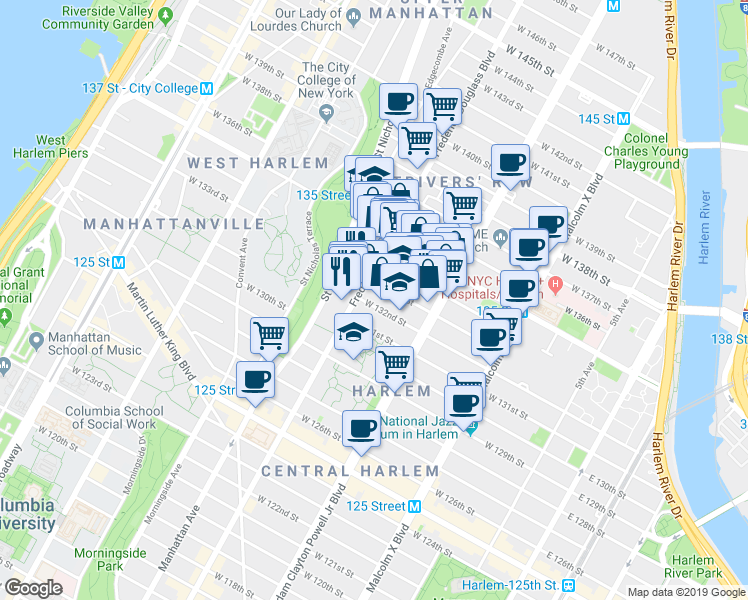 map of restaurants, bars, coffee shops, grocery stores, and more near 2480 Frederick Douglass Boulevard in New York