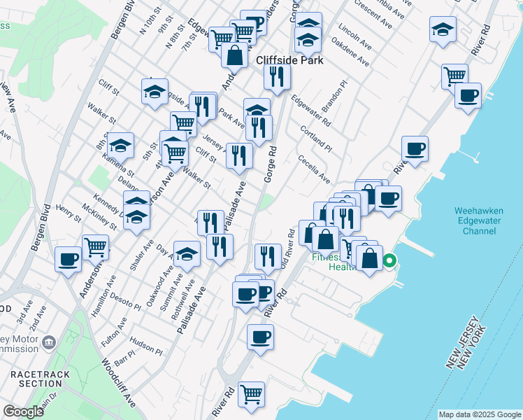 map of restaurants, bars, coffee shops, grocery stores, and more near 321 Adolphus Avenue in Cliffside Park