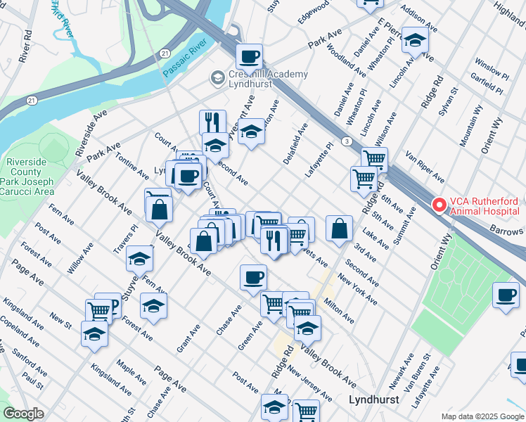 map of restaurants, bars, coffee shops, grocery stores, and more near 400 2nd Avenue in Lyndhurst