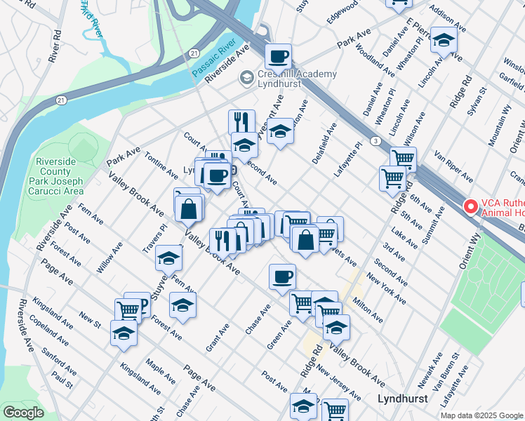 map of restaurants, bars, coffee shops, grocery stores, and more near 356 New York Avenue in Lyndhurst