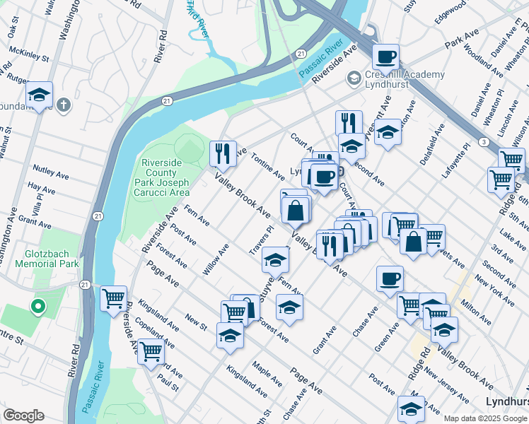map of restaurants, bars, coffee shops, grocery stores, and more near 292 Willow Avenue in Lyndhurst