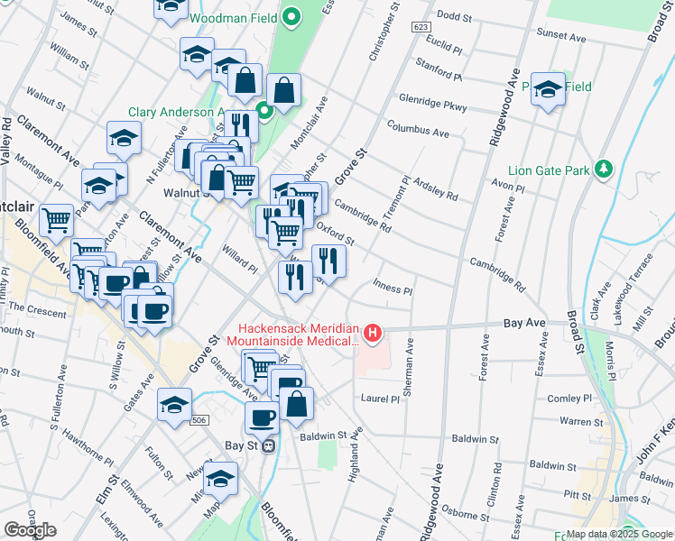 map of restaurants, bars, coffee shops, grocery stores, and more near 24 Walnut Parkway in Montclair