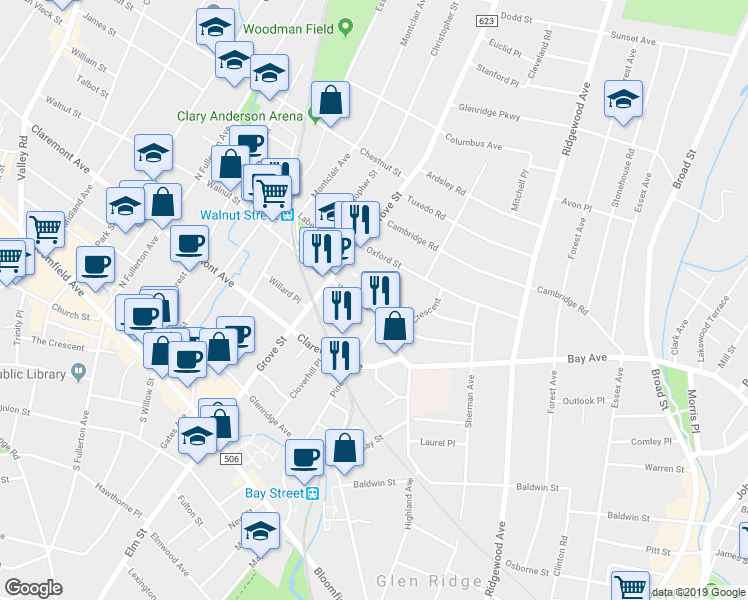 map of restaurants, bars, coffee shops, grocery stores, and more near 56 Walnut Street in Montclair