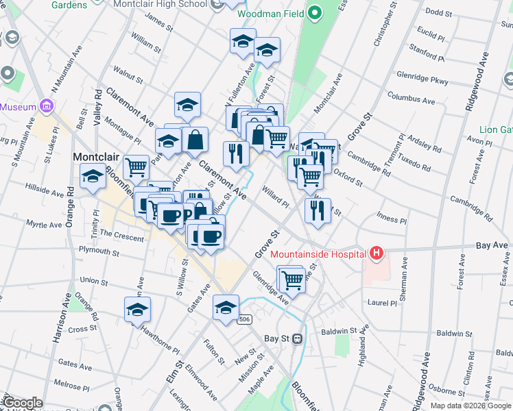map of restaurants, bars, coffee shops, grocery stores, and more near 85 Greenwood Avenue in Montclair