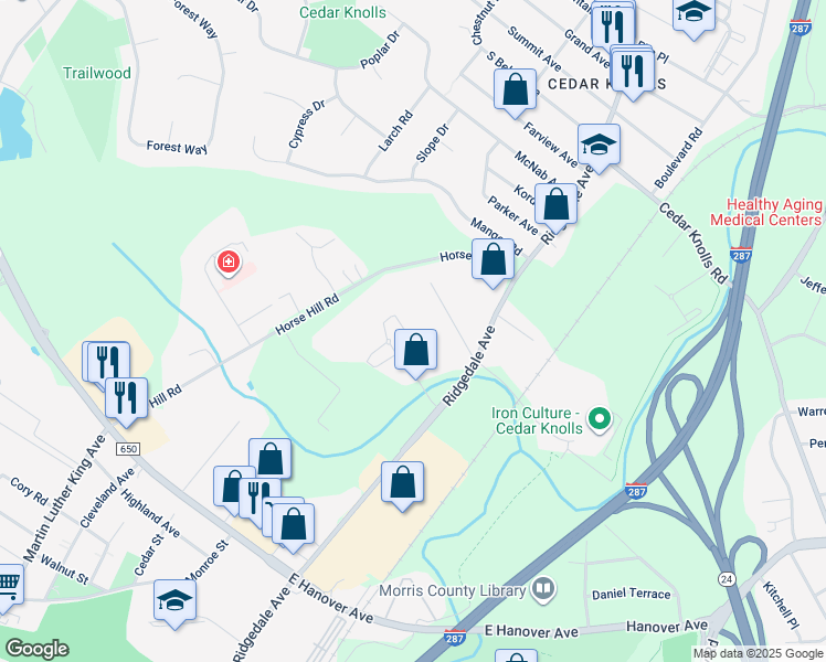 map of restaurants, bars, coffee shops, grocery stores, and more near 23 Frederick Place in Hanover