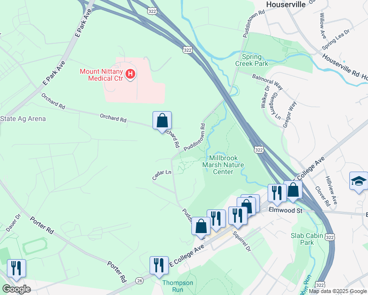 map of restaurants, bars, coffee shops, grocery stores, and more near 709 Puddintown Road in State College