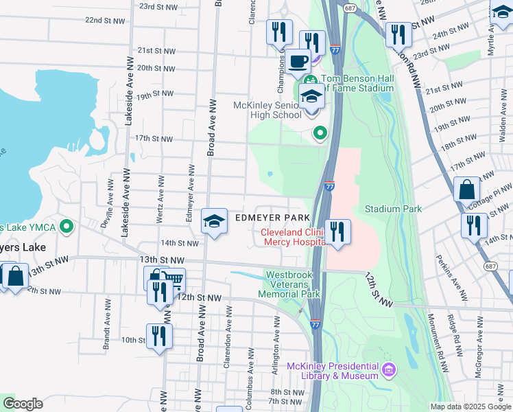 map of restaurants, bars, coffee shops, grocery stores, and more near 1508 Clarendon Avenue Northwest in Canton