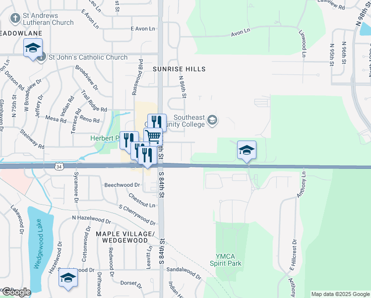 map of restaurants, bars, coffee shops, grocery stores, and more near 8500 College Park Road in Lincoln
