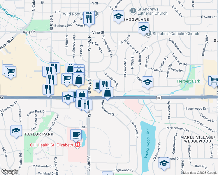 map of restaurants, bars, coffee shops, grocery stores, and more near 308 West Rio Road in Lincoln
