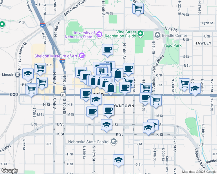 map of restaurants, bars, coffee shops, grocery stores, and more near 1420 P Street in Lincoln